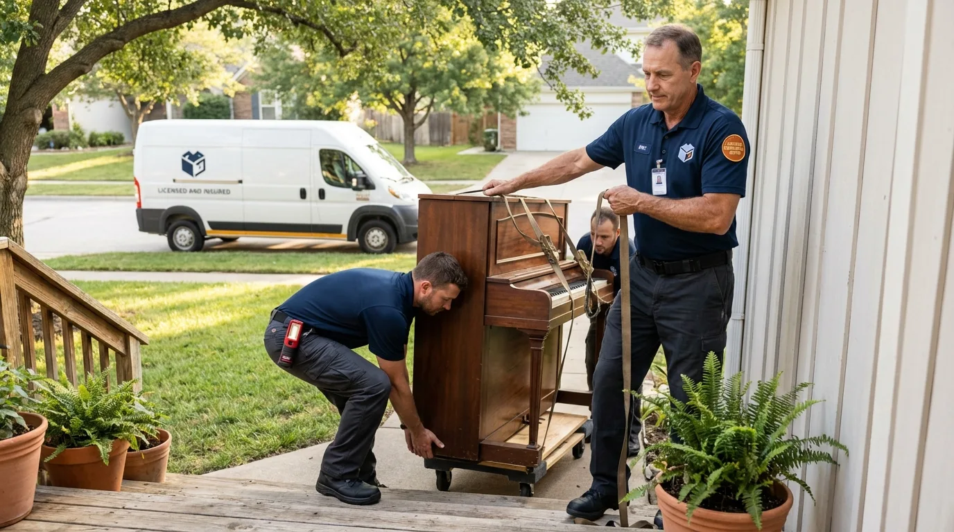 Licensed piano movers securing grand piano in Mio, MI