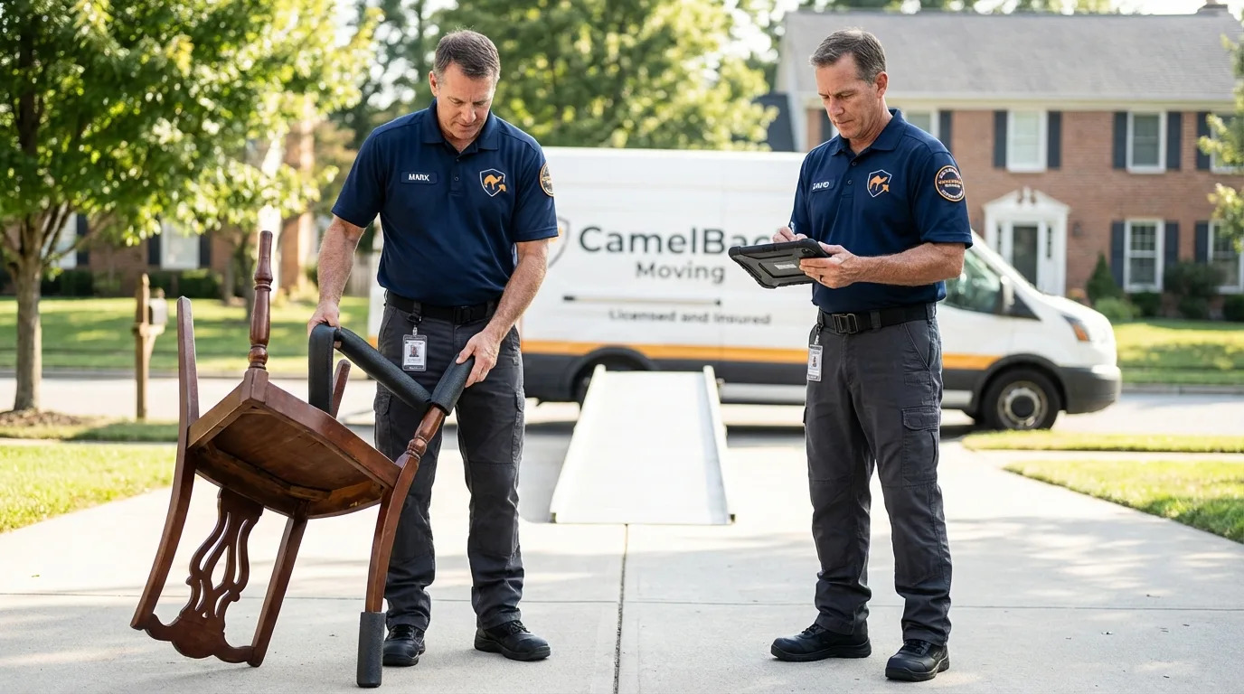 Movers inspecting furniture for damage prevention before loading in Mio, MI