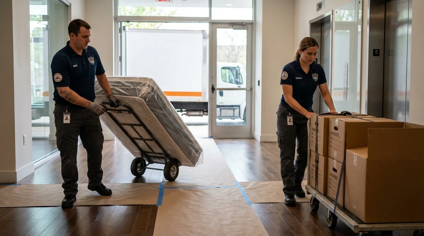 Professional apartment movers loading elevator in Mio, MI
